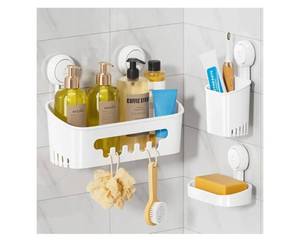 lot 24019 image: LEVERLOC Shower Caddy Suction Cup Set Shower Organizer & Soap Holder & Toothbrush Holder, Bathroom Shelf Basket NO-Drilling, Removable Suction Storage Waterproof Bathroom Caddy, White - Retail $30