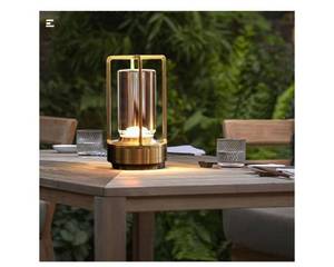 lot 24020 image: HAPYGI Portable Metal Table Lamp for IndoorOutdoor,Rechargeable Cordless LED Lamp, 3-Colour Infinitely Dimming Battery Powered Small Desk Lamp, RestaurantBedroomBarCoffeeCamping Light (Gold) - Retail $27