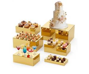 lot 24033 image: Leinuosen 6 Pcs Acrylic Buffet Risers Stands for Food Display Cubes Box, 7 to 12 Inch Rectangle Catering Table Dessert Decor for Wedding Brunch Setup Party Jewelry Collectibles, Hollow Bottom (Gold) - Retail $60