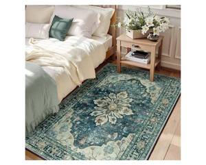 lot 24035 image: RELEANY Area Rugs 3x5 Washable Non-Slip, Floral Vintage Distress Medallion Carpet for Living Room Bedroom Dining Room, Dark Blue Vintage - Retail $45