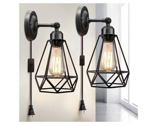 lot 24039 image: WimiSom Plug in Wall Sconce, Wire Cage, Industrial Wall Lamp with Plug in Cord, Rustic Sconce Fixture, OnOff Switch Vintage Wall Light Fixture for Headboard Bedroom Porch-2 Pack - Retail $26