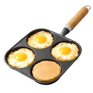 lot 24044 image: JSY Sun Cast Iron 4-Cup Egg Pan, 3.5 Deep Cups for Perfect English Muffin Sandwiches & Burger Sliders, Unseasoned Authentic Iron Omelet Pan, Induction Ready, Stay-Cool Wooden Handle - Retail $13