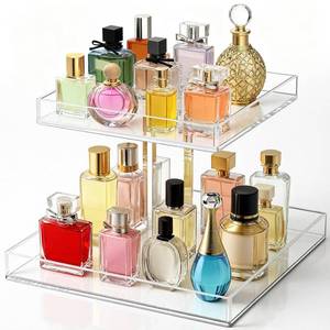 lot 25347 image: hidyuuoo 2-Tier Acrylic Bathroom Cosmetic Storage Organizer for Dresser and Countertop Standing Perfume Tray for Bedroom Decor - Retail $19