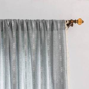 lot 25370 image: Boho Embroidery Striped Farmhouse Curtains - 84 Inch Long, 2 Panel Set, Blue Linen, Tassel, Semi-Blackout for Bedroom & Living Room (52 W x 84 L) - Retail $46