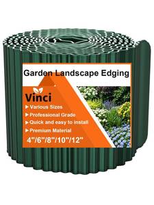 lot 25382 image: Vinci Garden Landscape Edging Border, 12 Inch x 20 FT Corrugated Sturdy Metal Easy Installation Safe Hemmed Lawn Garden Border Edges for DIY Flower Beds, Pathways and Patio Design (Green) - Retail $40