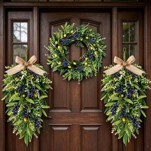 lot 25383 image: 3 PCS Artificial Green Eucalyptus Olives Wreaths for Front Door Spring Summer Greenery Teardrop Swag with Eucalyptus Leaves Boxwood Mixed Berry for Indoor Outdoor Farmhouse Home Festival Wedding Decor - Retail $34