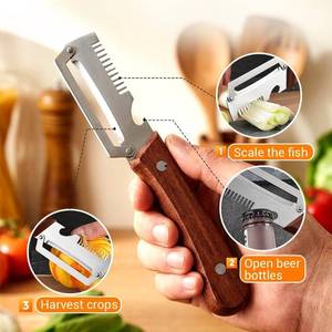 lot 27916 image: Multifunctional Vegetable Peeler, 3-in-1 Peelers For Kitchen with Bottle Opener, Sharp Stainless Steel Swivel Blade, Wooden Handle, For Vegetables or Fruits that Need to Be Peeled (3)1PCS - Retail $9