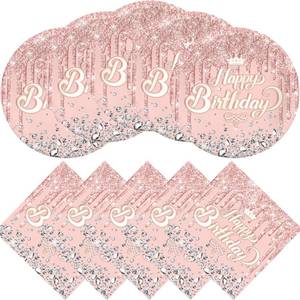 lot 27921 image: Pink Rose Goldr Birthday Party Supplies, Include 20 Plates and 20 Napkins, Pink Rose Goldr Theme Birthday Party Decorations for Kid Girls Women Glitter Diamond - Retail $14