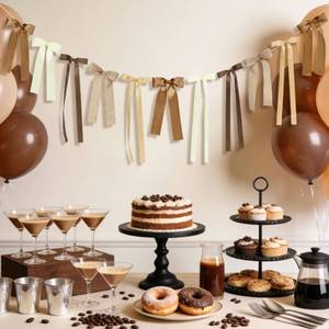 lot 27943 image: Brown Plaid Bow Garland Banner, Espresso Martini Theme Bow Garland Gingham Ribbon Bows Banner Decor for Love is Brewing Bridal Shower Coffee Themed Baby Shower Birthday Party Decorations - Retail $13