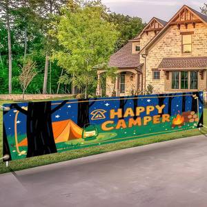 lot 27944 image: HOMETITUTE Camping Banner 118 x 20 inchs Welcome Campers Themed Party Decorations Backdrop Banner Outdoor Fence Yard Decor Happy Camper Supplies Backdrop