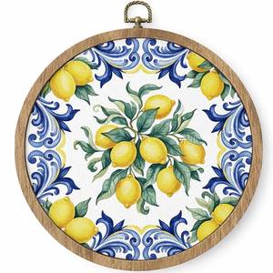 lot 27949 image: HYKDFMNCJ Italian Majolica Lemon Round Framed Wall Art, Blue and Yellow Mediterranean Lemon Wall Hanging Canvas Prints Artwork Decorations for Home Kitchen Living Room Office, 10x10 Inch - Retail $16
