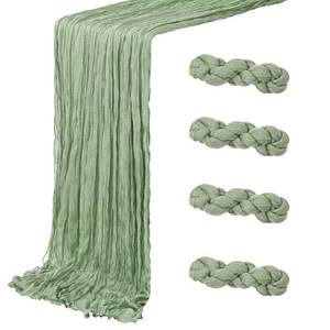 lot 27954 image: 4 Pack Sage Green Cheesecloth Table Runner 20 x 120 inch Gauze Table Runners 10 FT Long,Semi Sheer Boho Cheese Cloth Fabric Table Runner Bulk for Wedding,Party,Baby Shower,Bridal Shower Decoration - Retail $15