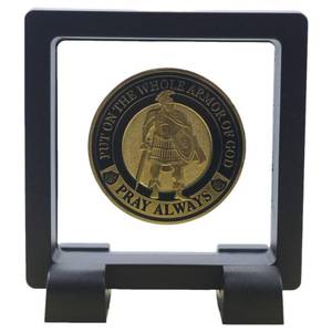 lot 27974 image: Challenge Coin Holder, Single Coin Display Case, 3D Floating Clear Frame with Feet Stand, Postage Stamp Jewelry Medallion Specimen Medal Holder Box - Retail $6