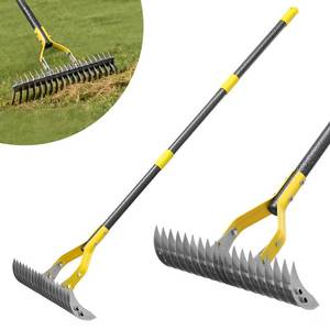 lot 27975 image: Thatch Rake, 15-Inch Wide Manual Dethatcher Rake for Cleaning Dead Grass, Loosening Soil, 55 Efficient Steel Metal Dethatching Rake with Long Adjustable Handle, Thatch Rakes for Lawns, Yard, Garden - Retail $24