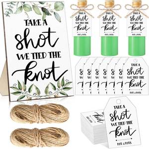 lot 42979 image: Geetery Take a Shot We Tied The Knot Sign with 100 Pcs Cardstock Keepsake Souvenir Favor Tags and 2 Bundles Rope, Wedding and Engagement Party Labels for Bottles Bridal Shower Decorations - Retail $9