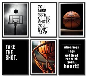 lot 42980 image: 6Pcs Basketball Canvas Wall Art Inspirational Sport Theme Painting Picture Wall Decor Black White Basketball Motivational Quotes Poster Print Artwork for Teen Boys Kids Room Decor (poster, 8x10in) - Retail $9