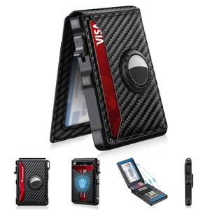 lot 42988 image: Airtag Wallet for Men, Mens Smart Wallet for Air Tag RFID Blocking, Minimalist Bifold Pop Up Aluminum Credit Card Case Holder 12 Cards with ID Window, Gift for Men, No Airtag Included, Carbon Fiber - Retail $33