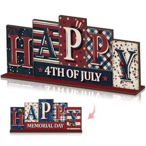 lot 42998 image: Yousoontic 4th of July Memorial Day Table Decorations Reversible Patriotic Wooden Sign Red White Blue Tabletop Centerpiece Farmhouse 250th Anniversary Decor for Home Office Desk Shelf Tiered Tray - Retail $18