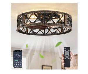 lot 60510 image: LEDIARY 20 Caged Ceiling Fan with Light, APP&Remote Control, Small Flush Mount Farmhouse Fan Lights, Low Profile Rustic Bladeless Ceiling Fan Fixtures for Bedroom, Kitchen-Black Gold Color - Retail $67