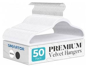 lot 60513 image: Smartor White Velvet Hangers 50 Pack, Non Slip Clothes Hangers with Shoulder Notches, Premium Slim Space Saving Felt Hanger for Closet Organizers and Storage, Heavy Duty Hanger for Coat - Retail $24