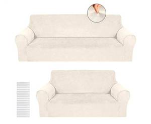 lot 60516 image: Peryiter 2 Pcs Sofa Covers Couch and Loveseat Covers Set Stretch Sofa Slipcover for Living Room Armchair Furniture Protector, Wrinkle Proof(Beige,Velvet) - Retail $55