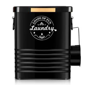 lot 24048 image: Laundry Detergent Powder Container Dispenser Holder for Laundry Room Organization. Metal Laundry Soap Dispenser with Scoop and Lid. Modern Farmhouse Laundry Room Decor and Accessories (Black) - Retail $25