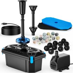 lot 24050 image: POPOSOAP RGB Pond Filter with Pump Fountain Kits, 660GPH Pond Filter Box With 40W Pond Pump & RGB Auto-Cycle LED Lights, Koi Pond Filters for Outdoor Ponds Clean, Clear, and Add Water Features - Retail $90