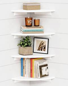 lot 24054 image: Forbena Corner White Floating Book Shelves for Wall Set of 4, Wood Nursery Corner Bookshelf for Kids Bedroom, Large Modern Round Wall Bookshelves for Living Room Decor, Indoor Plants, Bathroom - Retail $33