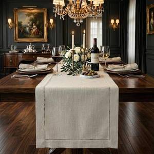 lot 24060 image: Signature Linen by DMoksha Light Natural Table Runner 90 Inches Long, 100% Pure Linen, Hemstitch, 14 x 90 Inch Table Runner for Dresser, Dining- Summer, Fathers Day - Retail $40