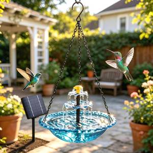 lot 24064 image: Solar Cascade Hanging Bird Bath Fountain, 3-Tier Hanging Solar Bird Bath with Detachable Solar Panel, 5ft Extension Cord & 8 Nozzles, Weather-Resistant Outdoor Garden Patio Yard Backyard Lawn Decor - Retail $29