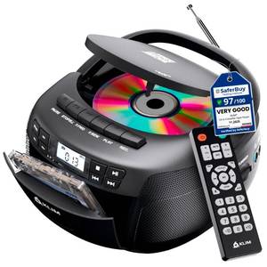 lot 24066 image: KLIM CD  Cassette Tape Player, Bluetooth CD Boombox, AMFM Radio, Stereo Sound, Remote, CD and Cassette Player Combo, Tape Recording, USB Drive, AUX - Retail $50