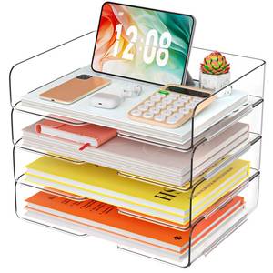 lot 24072 image: YKLSLH 4 Trays Paper Organizer Letter Tray - Acrylic Desk File Organizer, Stackable Clear Paper Holder Sorter Office Organizer for LetterA4, Office File Ipad Books Notes Etc - Retail $12
