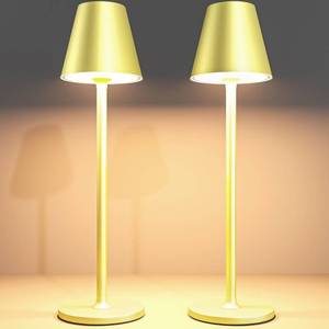 lot 24077 image: Timjorman 2-Pack Cordless Table Lamps - 5000mAh Rechargeable Battery Operated Desk Lamp, 3-Level Dimmable LED Night Light for Bedroom, Dining, Restaurant - Metal Design (Champagne Gold 2Pack) - Retail $22