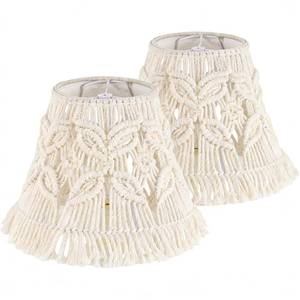 lot 24079 image: BOXEMIYA Medium Macrame Lamp Shade, Boho Ivory-White Weave Lampshade with Wooden Bead & Tassel Decoration, 7.5 x 12 x 11 Inches, Easy Installation for Table and Floor Lamps
