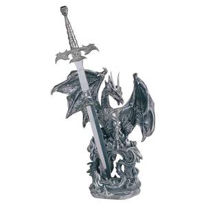 lot 24102 image: ICE ARMOR 10 H Medieval Silver Dragon with Armor and Sword Guardian Statue Figurine - Exquisitely Detailed Mythical Dragon Figurine Sculpture, Hand Painted Collectible Statue for Fantasy Enthusiasts WING IS CHIPPED - Retail $58