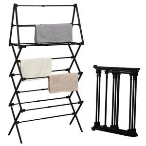 lot 24104 image: ZOES HOMEWARE 4 Tier Clothes Drying Rack Foldable  Foldable Clothing Drying Rack  Laundry Drying Rack Collapsible for Laundry Room, Dorm, Expandable Sturdy Metal Design  Black 29L x 11.5W x 53H - Retail $30