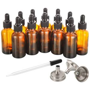 lot 24113 image: 12 pcs, 1 oz Amber Dropper Bottles w 3 Stainless Steel Funnels & 1 Long Glass Dropper - 30ml Glass Bottles with Eye Droppers, Leakproof Essential Oils Bottle for Health, Personal Care & Beauty - Retail $10