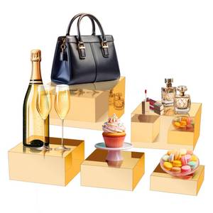 lot 25392 image: MACIFECI Acrylic Display Risers Acrylic Box Nesting Display Risers Food Risers for Party Gold Cube Boxes Display Stands, Set of 5 - Retail $50
