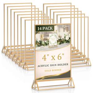 lot 25404 image: Daofary Acrylic Sign Holder 4x6, 14 Pack Double Sided Clear Gold Frame Tabletop Display, Menu Flyer Table Number Holder for Wedding Reception and Restaurant Tables - Retail $34