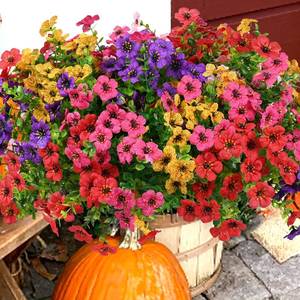lot 25407 image: trytuny Artificial Flowers for Outdoor, UV Resistant Fake Silk Flowers, Realistic Faux Plants for Outside Indoor Porch Patio Window Box Planter Home Decor (14, Yellow Purple Rosy Red) - Retail $30
