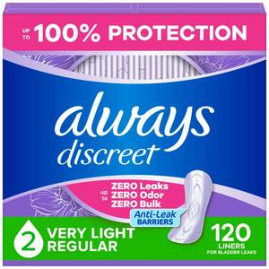 lot 25414 image: Always Discreet Incontinence Panty Liners for Bladder Leaks, Size 2, Very Light Absorbency, 120 Count - Retail $14