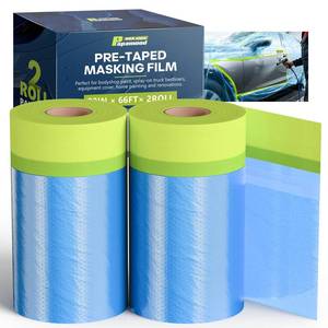 lot 25417 image: Pre-Taped Masking Film for Painting(2 Rolls) - 22 x 66Painters Plastic Sheeting with Tape and Drape, Painters Drop Cloth for Automotive & Home, Cover for WallsFloorsWindowsCars Protection - Retail $10