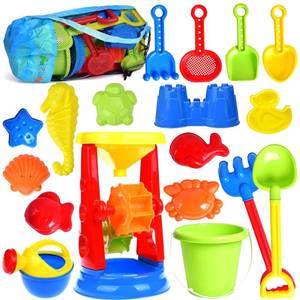 lot 25420 image: Beach Toys, 19 Piece Sand Toys Set Kids Sandbox Toys Includes Water Wheel Beach Tool Kit Bucket Watering Can Molds with Mesh Bag for Kids Ages 3-13 - Retail $25