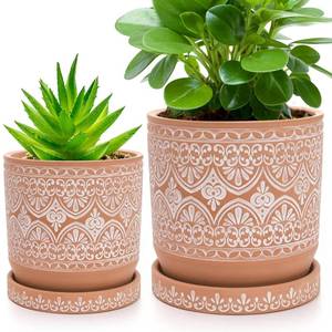 lot 25421 image: Suwimut Set of 2 Terracotta Plant Pots 4 Inch 6 Inch, Small Medium Clay Planter Pot, Ceramic Cactus Flower Succulent Pot with Drainage Hole and Saucer for Indoor Outdoor Plants - Retail $28