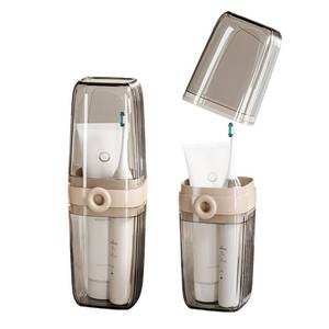lot 25429 image: Topavatop Toothbrush Travel Case, 2 in 1 Toothbrush Holder and Rinse Cup, Large Capacity Toothbrush Cup with Cover, Portable Travel Toothbrush Holder for Traveling, Camping, Trip - 1Pcs - Beige&Clear - Retail $10