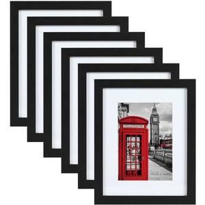 lot 25444 image: PEALSN 11x14 Picture Frame Set of 6, Display Pictures 8x10 with Mat or 11x14 without Mat for Wall Mounting or Table Top Display, Photo Frames Collage for Wall Decor, Black Woodgrain. - Retail $23