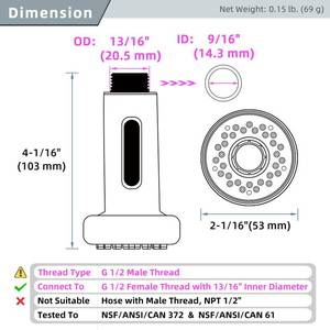 lot 27985 image: Angle Simple Kitchen Sink Sprayer Replacement, Male Thread Type G 12 or 1316 Inch, NSFANSICAN 61 & 372 Testing, Faucet Head Attachment, Stream and Spray Mode, Brushed Nickel - Retail $14
