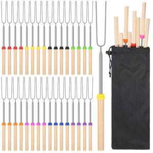 lot 27992 image: 32 Pack Marshmallow Roasting Sticks Bulk 32 Inch Smores Kit for Fire Pit Extendable Metal Barbecue Skewers Hot Dog Fork for Marshmallow, Hot Dogs, Camping, BBQ, Grill - Retail $31