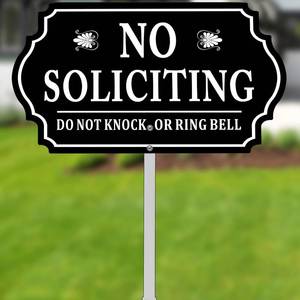 lot 28002 image: Kichwit No Soliciting Sign for House with Metal Stake, 7 x 13 Inch35 Inch High, Do Not Knock or Ring Bell, Aluminum Yard Sign for Home, No Solicitors Sign for Front Door - Retail $10