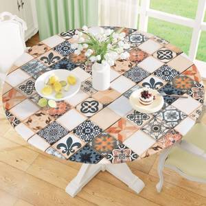 lot 28028 image: misaya Round Fitted Tablecloth with Elastic Edge, 100% Waterproof Oil Proof Plastic Table Cover, Vinyl Flannel Backed Tablecloth Fits 36-44 Round Tables for Dinner, Outdoor, Picnic, Floor Tiles - Retail $15